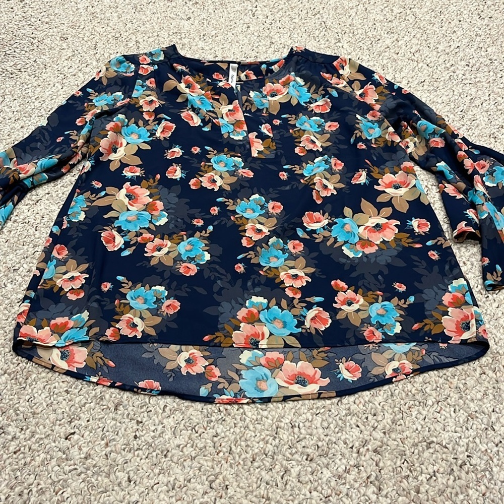 NY Collection Floral Popover Sheer Bell Sleeve Blouse Size Large